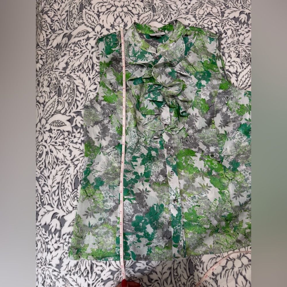 Tahari Green & Gray Ruffled Mandarin Collar sleeveless Blouse size Large - Picture 10 of 12
